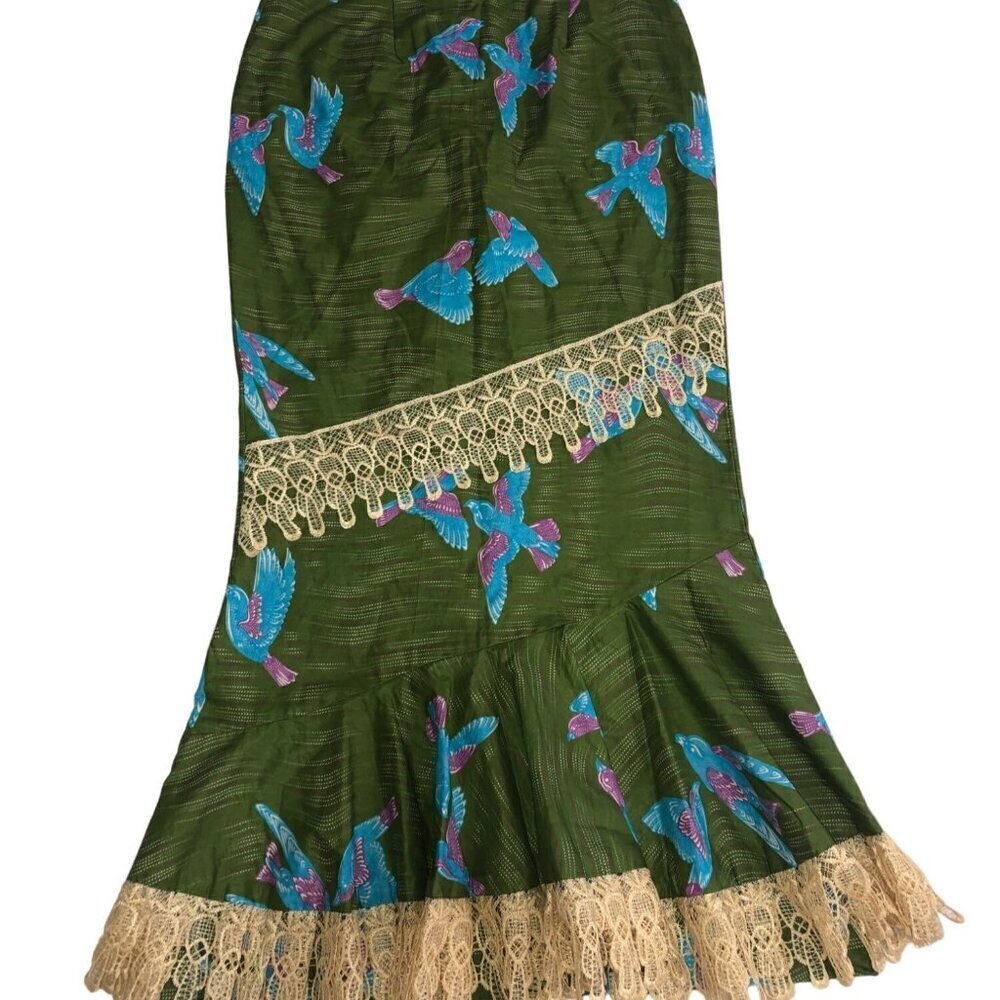 Skirt Veritable Java Hollandais Fabric Size S Green Bird Print Crochet Handmade